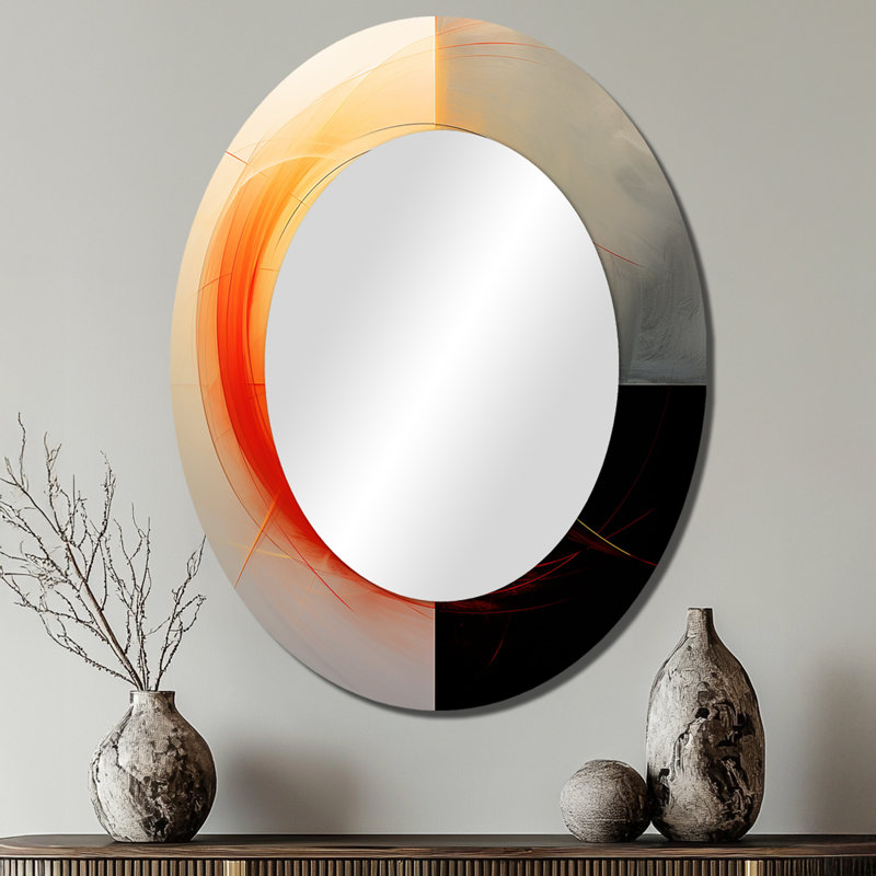 Red Moon Rising Abstract Landscape - Abstract Oval Decorative Mirror On Metal, 40" x 30"