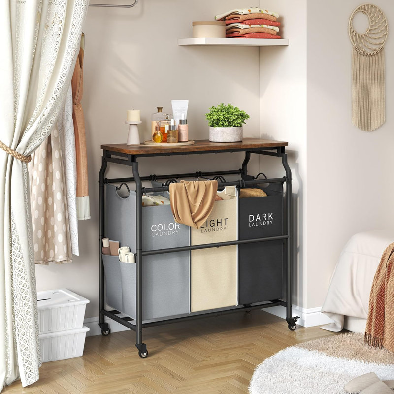 Chariot de trieur de linge à 3 sections avec planche à repasser, panier à linge avec tablette et roulettes, organisateur de vêtements robuste, grand séparateur de vêtements avec sacs amovibles