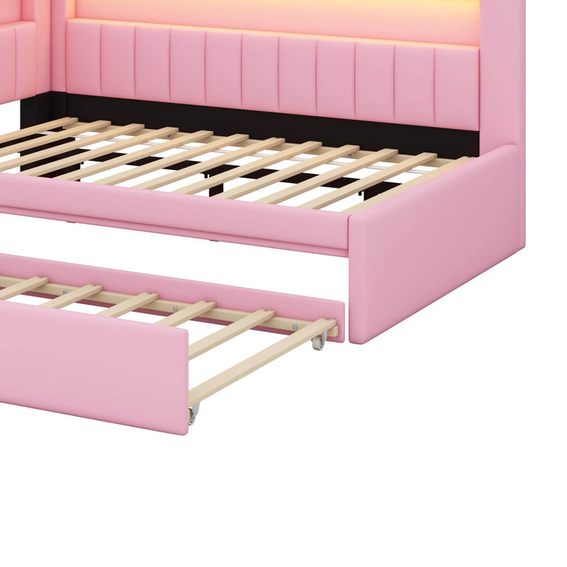 Full Size Platform Bed With USB Ports, LED Belt And Trundle, Pink