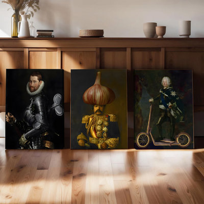 Ensemble de 3 affiches encadrées, style Renaissance vintage, portrait classique avec humour moderne, décoration originale avec une tête d'ail et un scooter, idéal pour le salon, la chambre ou le bureau, œuvre d'art amusante pour la décoration intérieure.