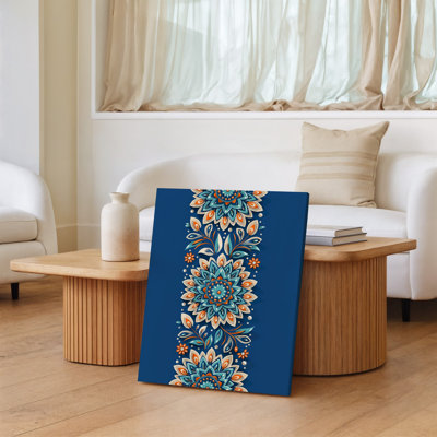 Toile, motif floral éclatant avec mandala central, art mural détaillé avec pétales symétriques et feuilles sur toile