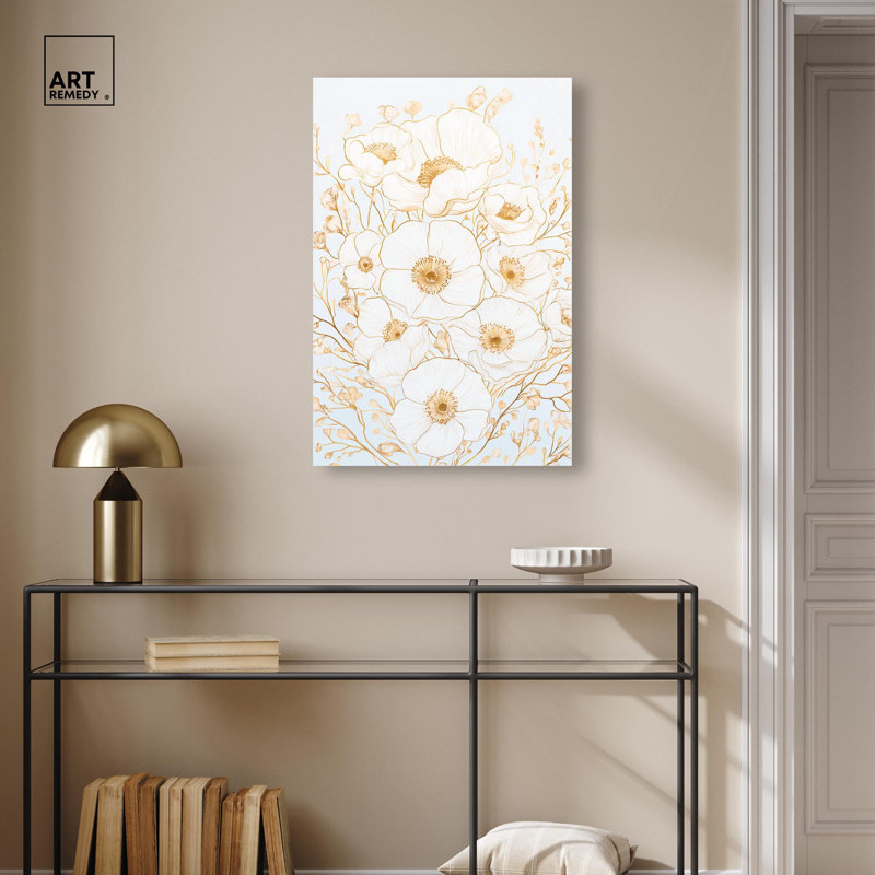 «White and Gold Poppies II», art floral élégant par , H 30 po x l 20 po, Toile tendue