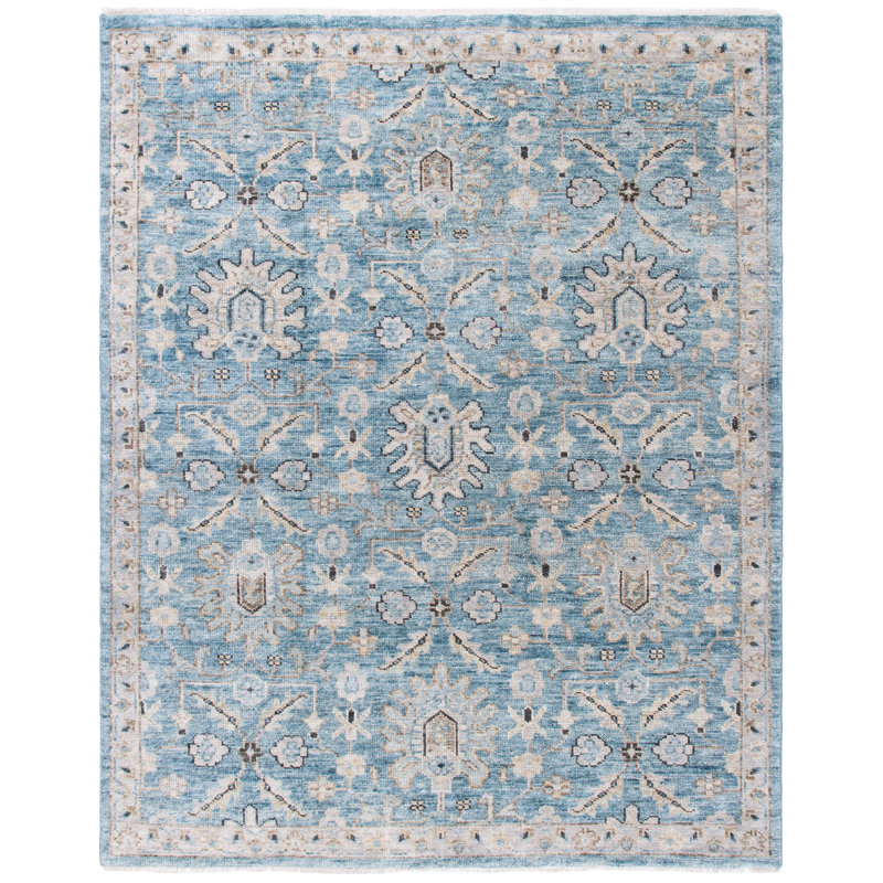 Oriental Hand-Knotted Blue / Beige Area Rug, Rectangle 8' x 10'