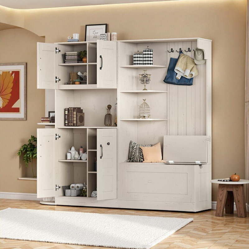Elegant Black Multifunctional Hall Cabinet Combo - Versatile Storage & Hall Tree 2-in-1 for Any Space, Beige