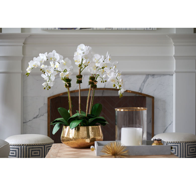 Phalaenopsis Orchids in Gold Metal Bowl