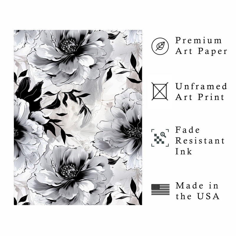 Motif floral noir et blanc III, H 14 po x l 11 po