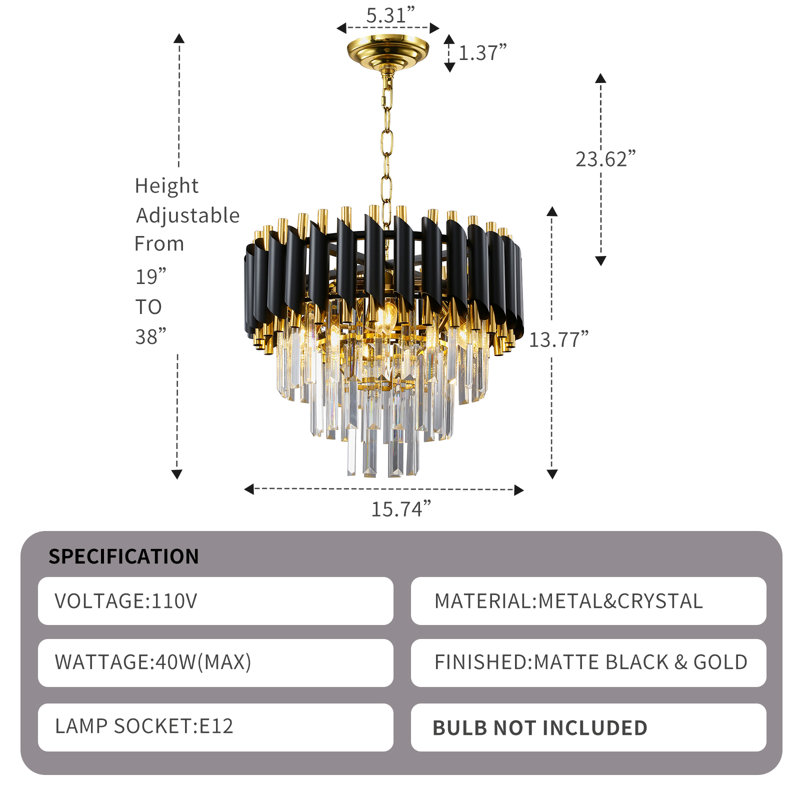 Lustre moderne en cristal noir K9 de 16 po de hauteur, réglable en hauteur