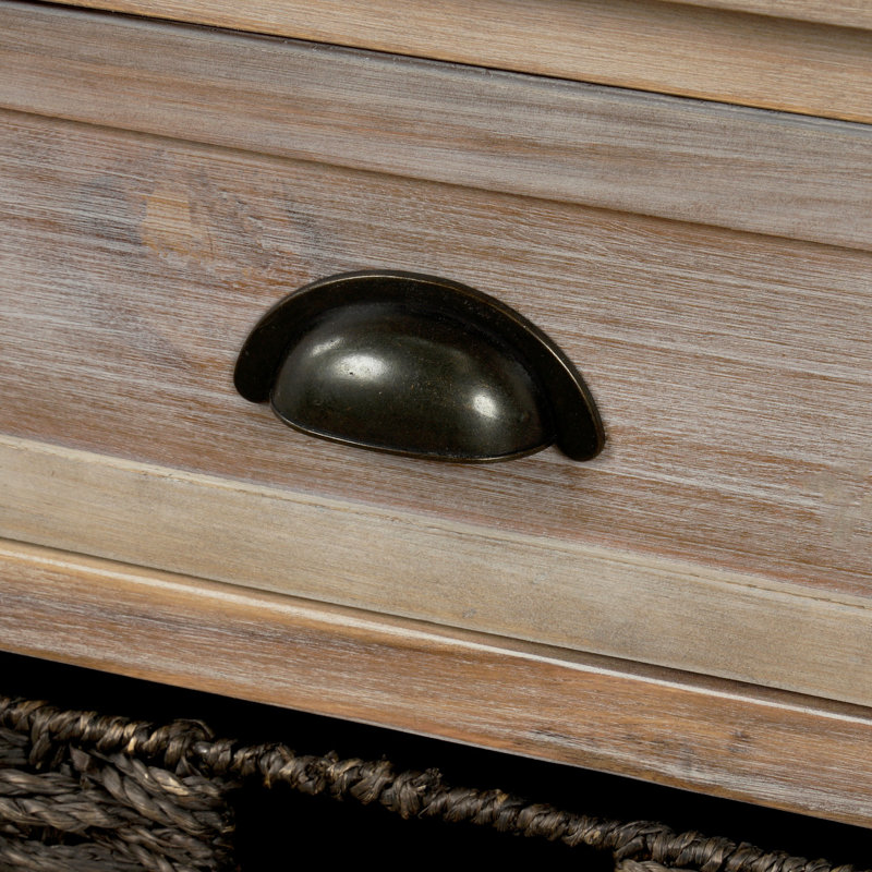 Armoire de rangement rustique avec deux tiroirs et quatre paniers en rotin pour une organisation polyvalente