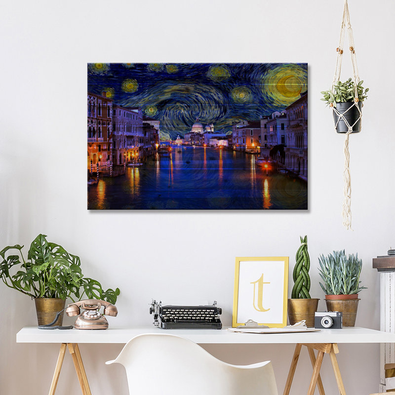 Venise, Italie, nuit étoilée - peinture sur bois sans cadre, H 18 po x l 26 po x P 1,5 po