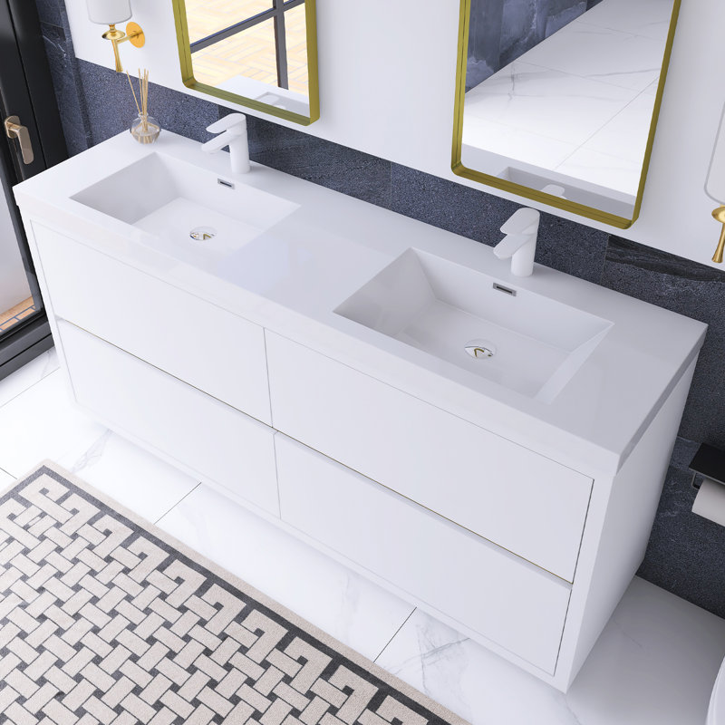 72 po Meuble-lavabo autoportant à double cuve, Blanc lustré