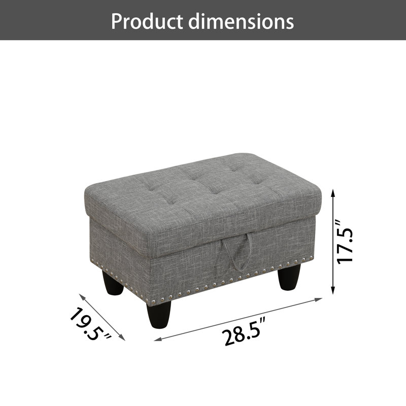 Repose-pieds brun gris avec rangement clouté plaqué cuivre, tissu résistant à l'usure et structure en bois massif, Gris