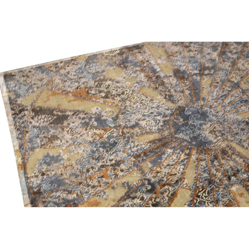 Tapis jaune / gris en viscose noué à la main de conception unique 7 pi 11 po x 10 pi