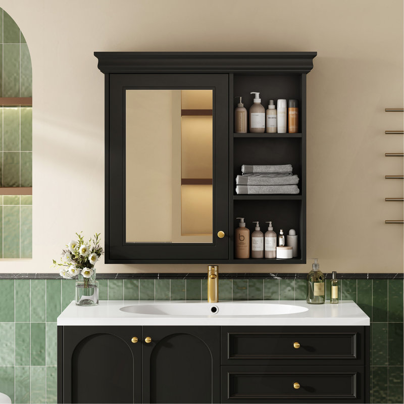 30'' x 28'' Bathroom Medicine Cabinet with Mirror, Wall Mounted Mirror Cabinet with Storage Organizer, Over the Toilet Storage Black Storage Cabinet for Bathroom