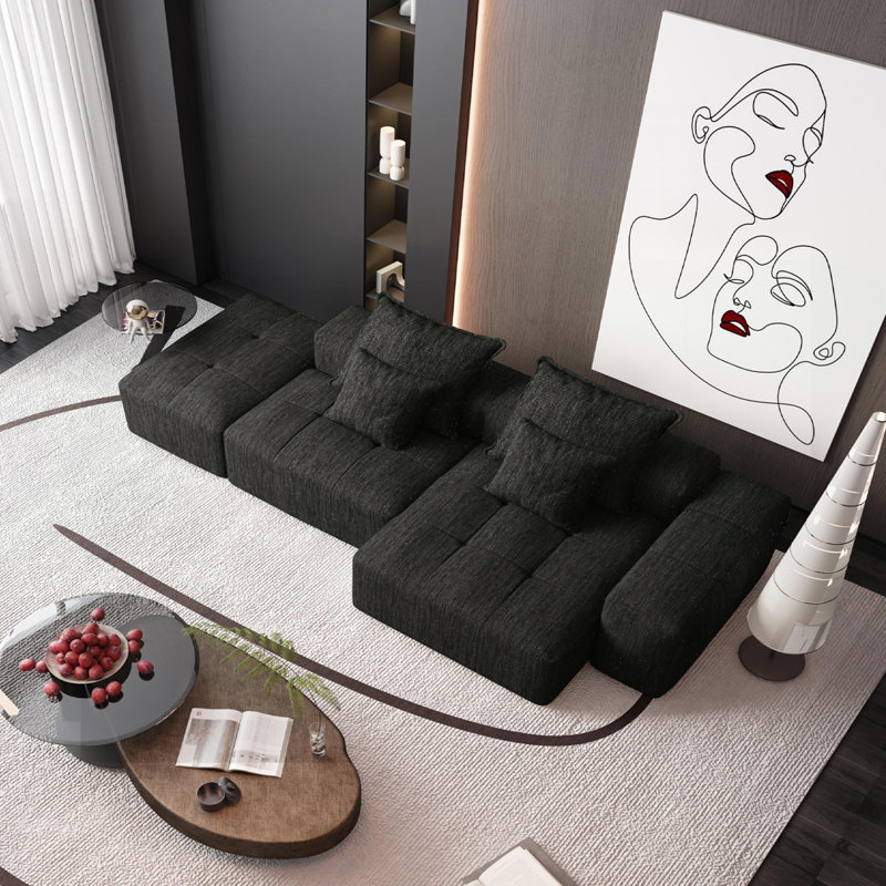 Modern Sectional Sofa, 4, Black Chenille
