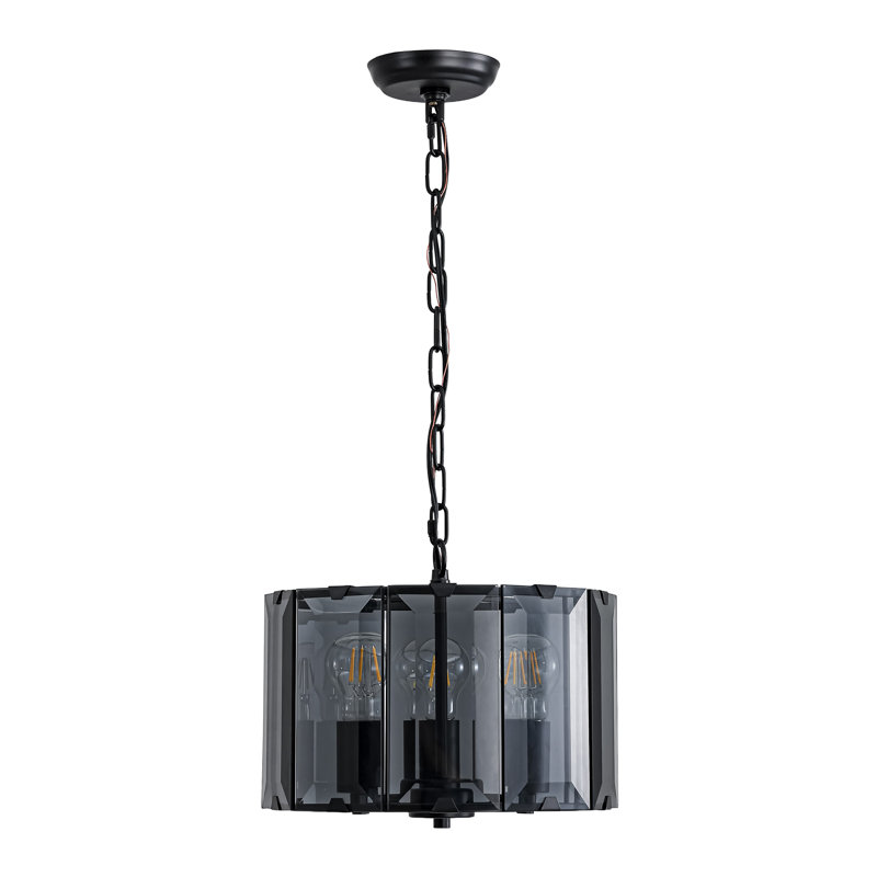 13" 3-Light Matte Black Smoked Flat Panel Glass Drum Chandelier