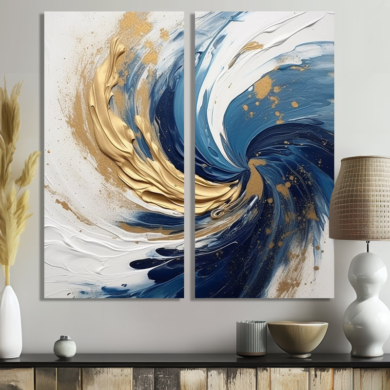 Décoration murale moderne bleu foncé et spirale dorée IV, 20" H x 24" W, Wrapped Canvas, Does Not Apply