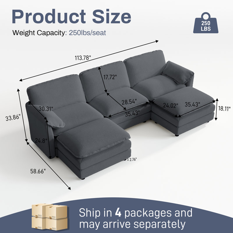 114" Chenille U Shaped Modular Sectional Sofa with Ottoman and Deep Seats, Gray Chenille