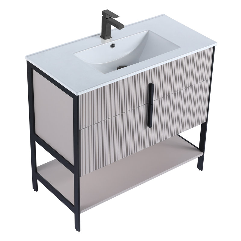  Serenity Modern Bathroom Vanity with White Ceramic Top, Bright Taupe/Black, 36"