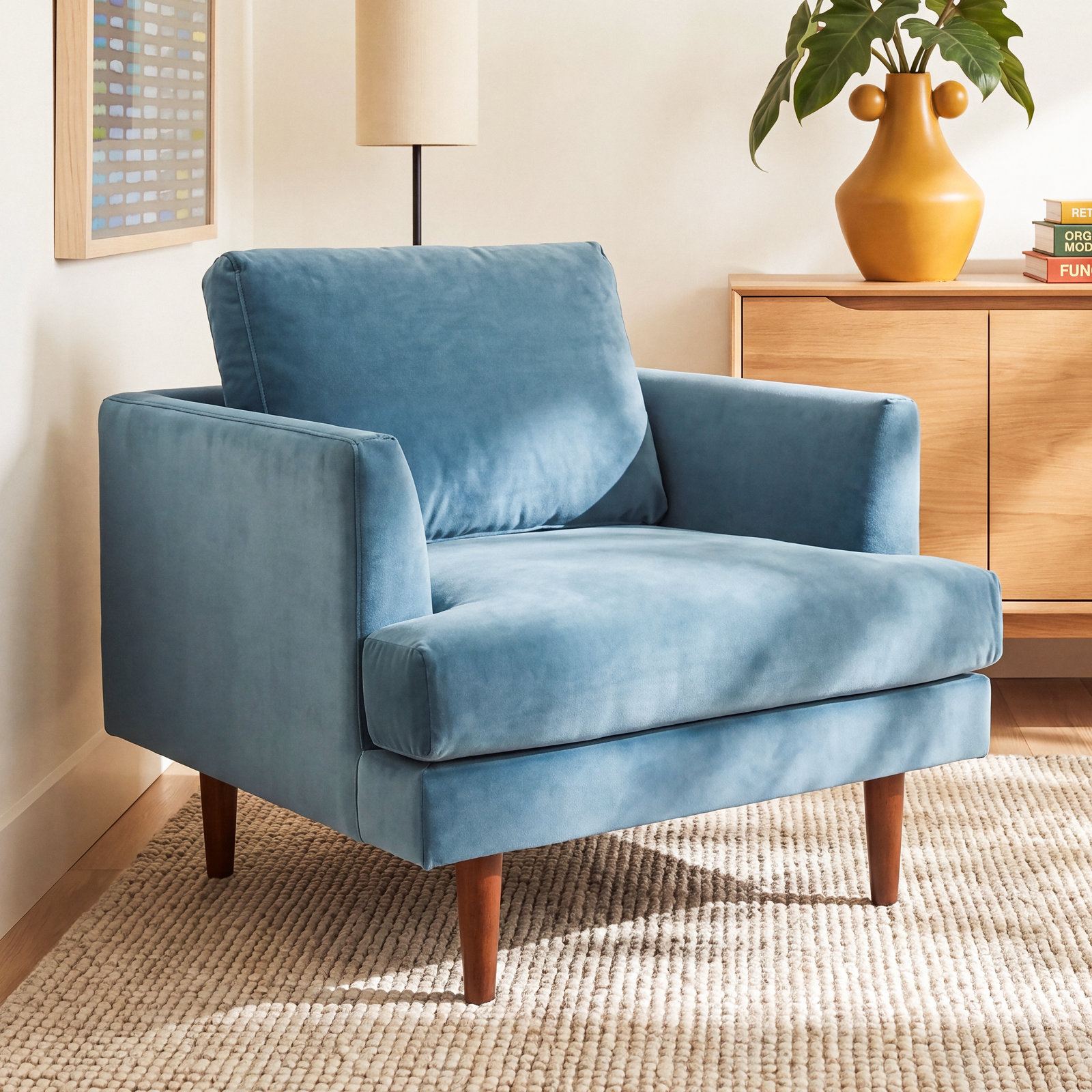 Miller Walnut Armchair, Blue Velvet