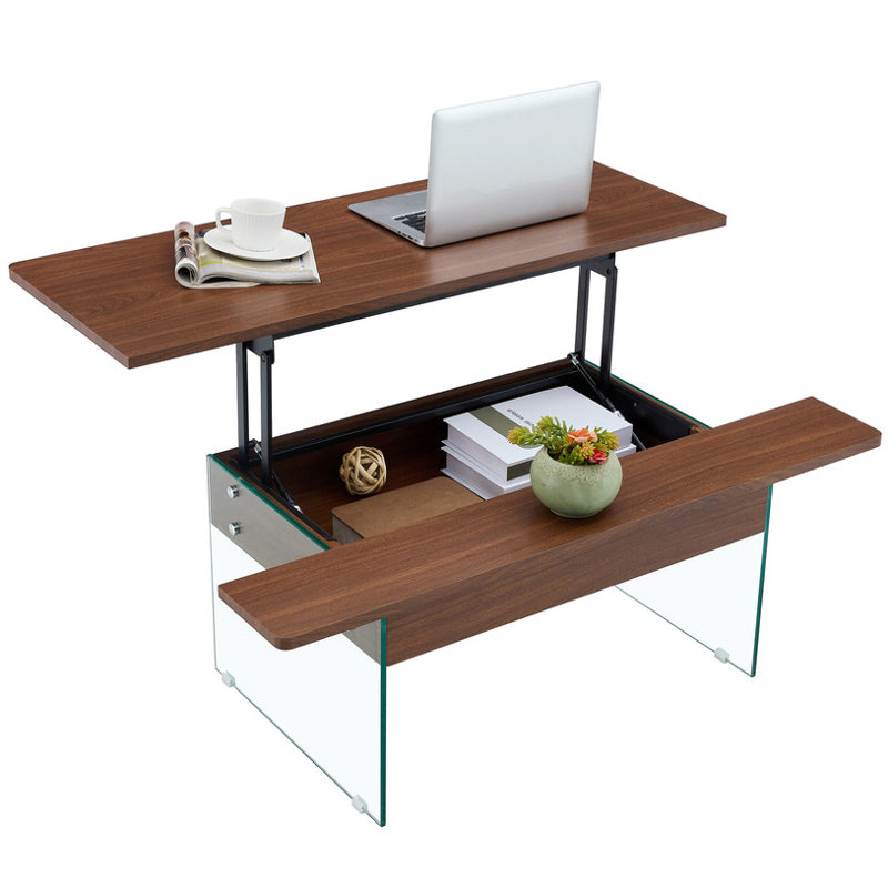 Table basse polyvalente à plateau relevable avec rangement dissimulé pour les espaces de vie et de bureau, Brun