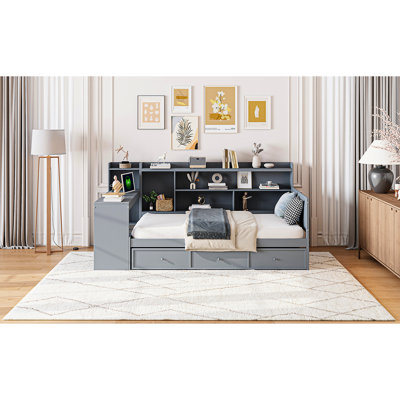 Grey Full Size Wooden Daybed With Practical Storage Options And Desk - Pine Wood For Multifunctional Bedroom 3 Large Drawers, Charging Made From