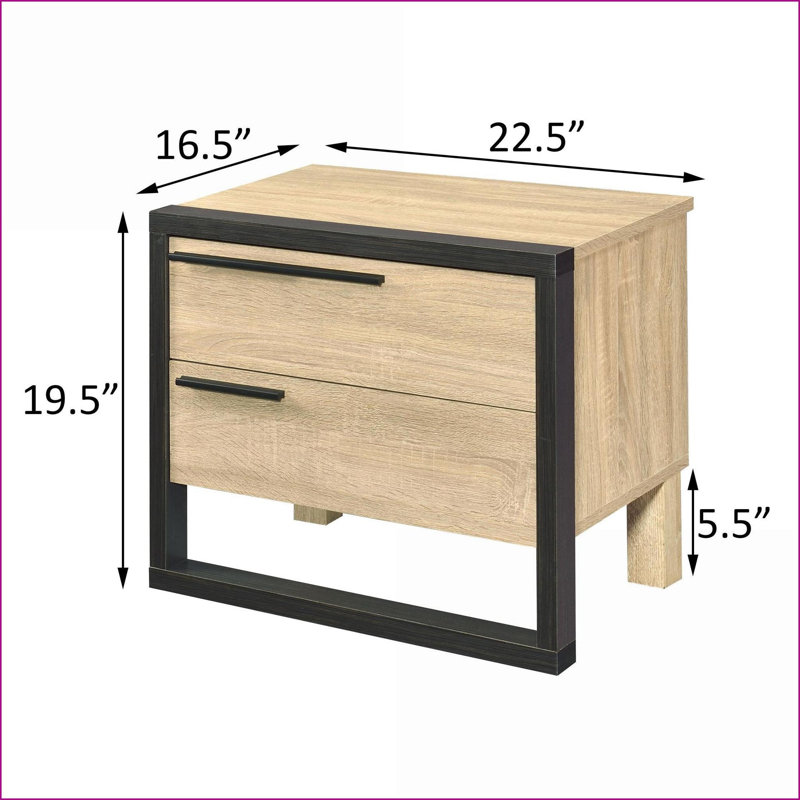 Oak &amp; Rustic Industrial 2-Drawer Bedroom Nightstand