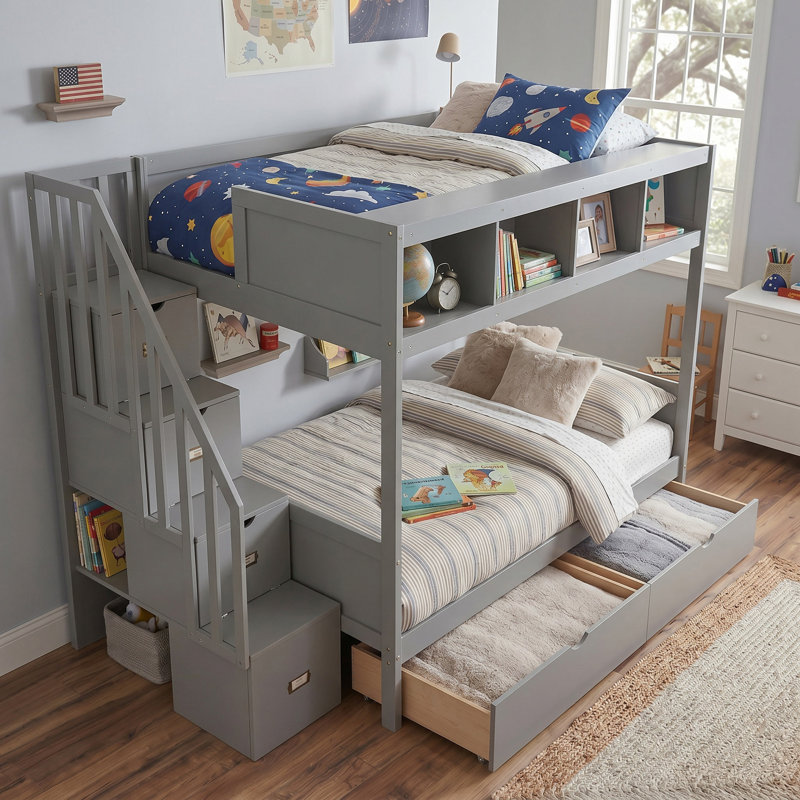 Twin Over Full Bunk Bed In Gray With Shelfs | Storage Staircase And 2 Drawers|Full Safety Design & Solid Pine Construction|Solid 4-Step Storage Staircase
