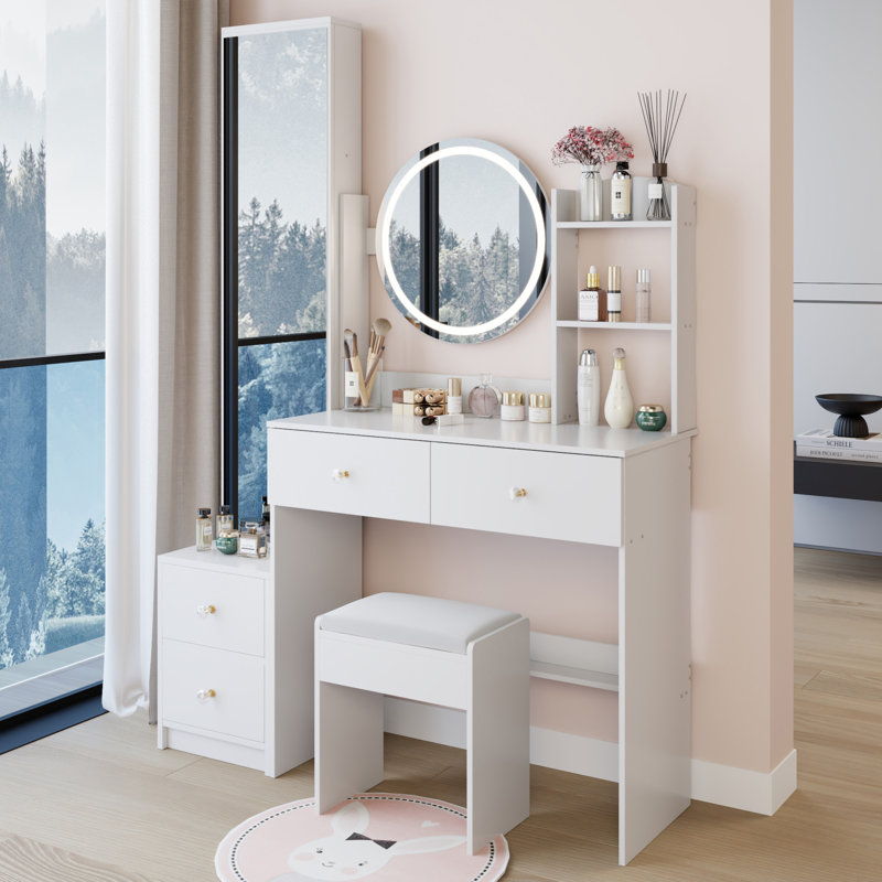 Makeup Vanity Desk With Mirror & LED Lights, Stool, White