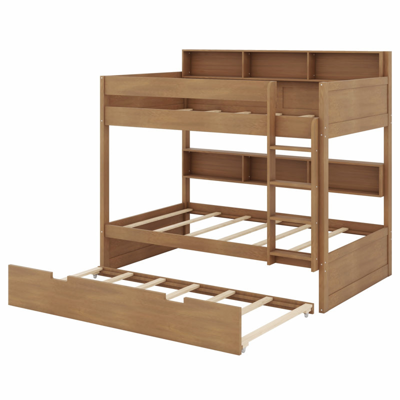 Structure de lit superposé avec lit gigogne et tablettes de rangement intégrées, Simple sur simple, Bois antique