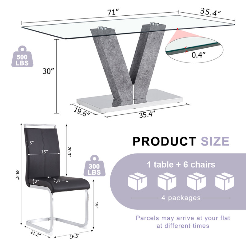 71″ Modern Glass Dining Table Set for 6–8 – Tempered Glass Dining Table with PU Leather Chairs, Stylish Kitchen & Dining Room Set