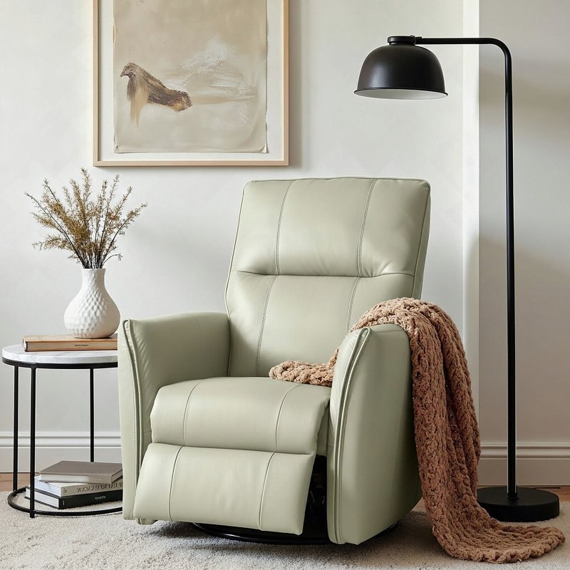 Coamhan 31.5" Wide Genuine Leather Modern Power Recliner with Swivel and Glider, Light Gray