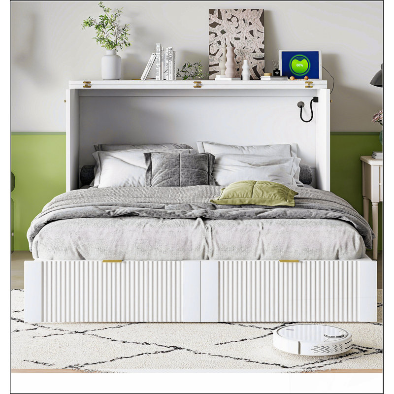 Lit escamotable double avec tiroir et un ensemble de prises et ports USB, structure à poulie, blanc, Double , Blanc