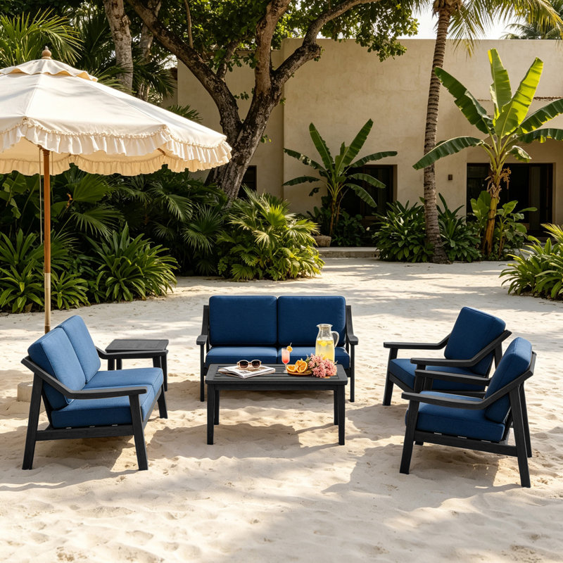 Ensemble de patio pour six personnes avec coussins et deux tables Marlo, Marine, Noir