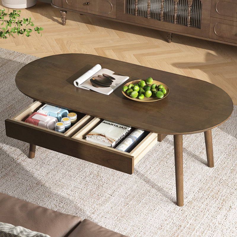 Table basse 100% bois massif, table basse Mid-Century moderne en noyer de 47,2 po avec 2 tiroirs, table de salon avec coin arrondi pour la maison