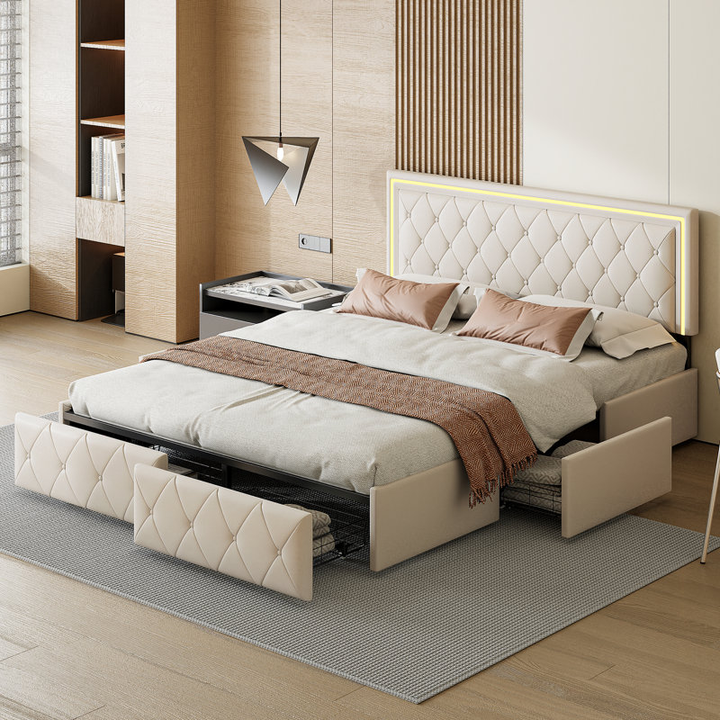 Upholstered Storage Bed, European Kingsize (160 x 200 cm), Beige