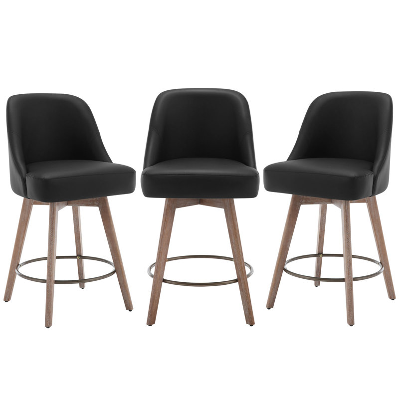 Black Faux Leather Swivel Counter Stools with Wood Legs, Set of 3