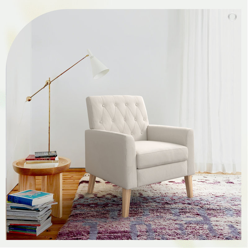 Upholstered Armchair, Beige Linen, Natural Wood