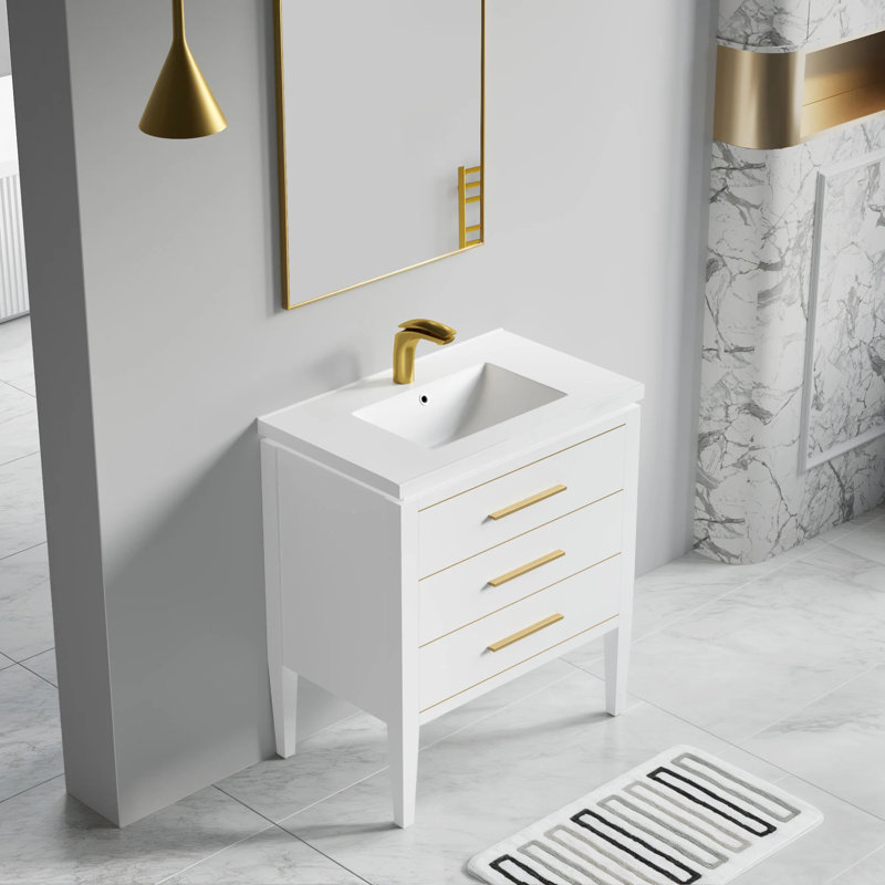 Wonderlin 30'' Single Bathroom Vanity with White Ceramic Top – Soft Close Drawers & Freestanding Design, White/Gold