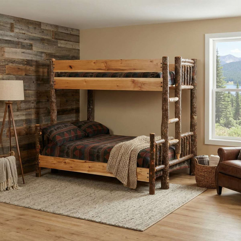 Fireside Lodge Hickory Log Bunk Bed - Single/Single - Ladder Right - Natural, Traditional, Twin over Twin, Right