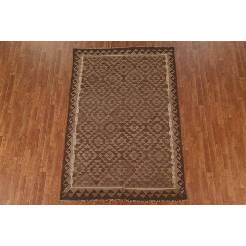 Tapis brun clair en laine noué à la main de conception unique 6 pi 6 po x 9 pi 7 po New Age