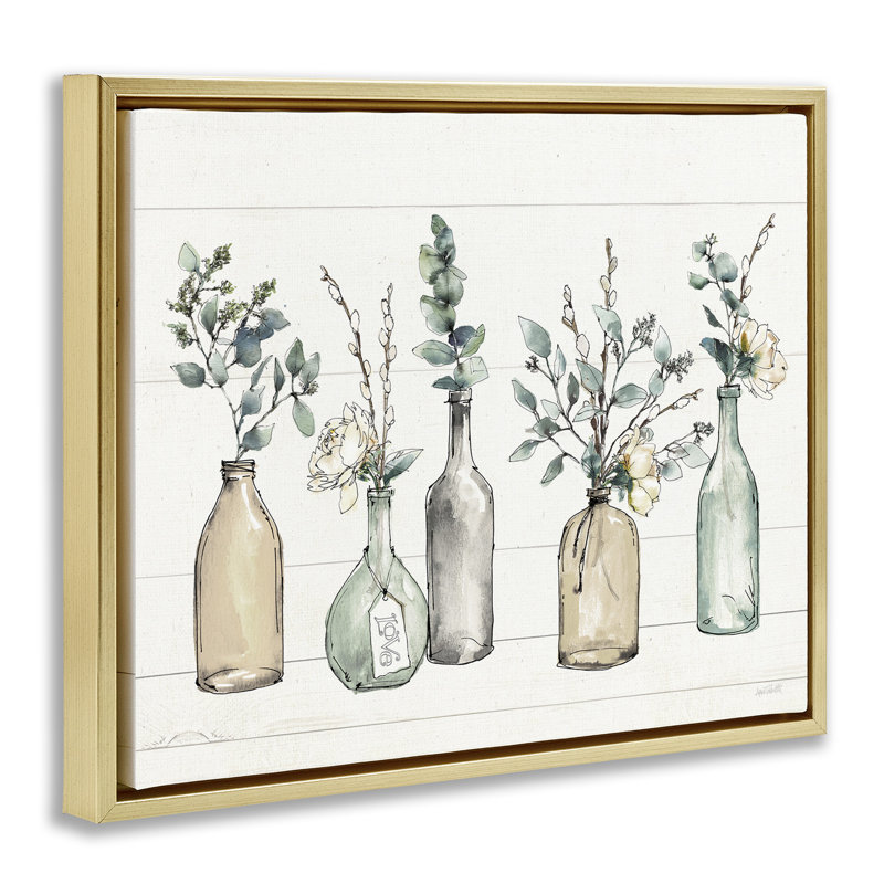 «Bottles And Plants Farm Wood Textured Design» par Anne Tavoletti, Cadre flottant métallique doré, L 25 po x H 31 po