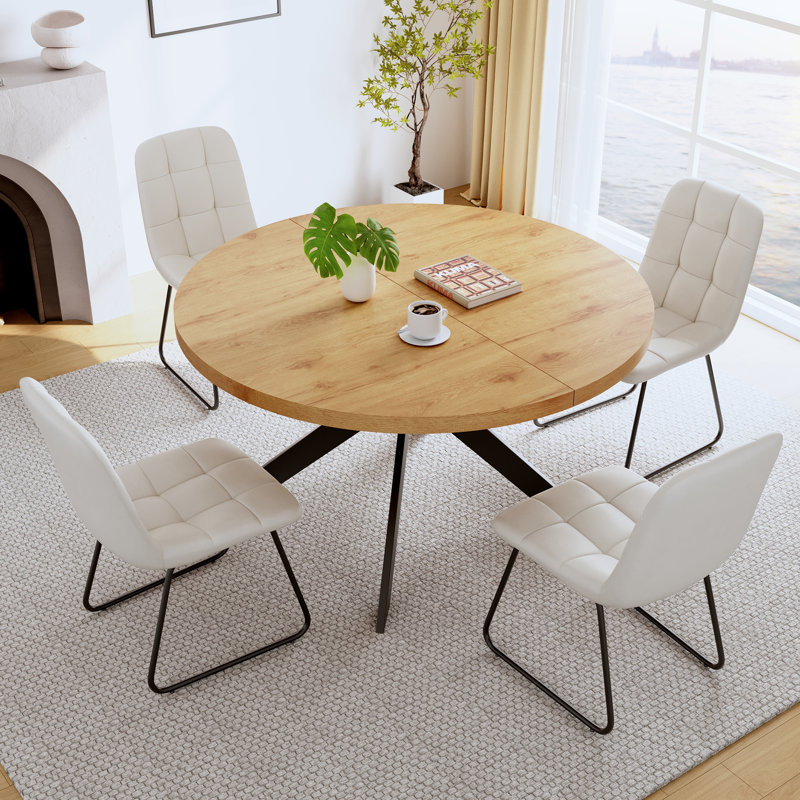 46.4" Round Table Set Of 4 , Modern Kitchen Table Set, Mdf Dining Table With Dining Chairs, White
