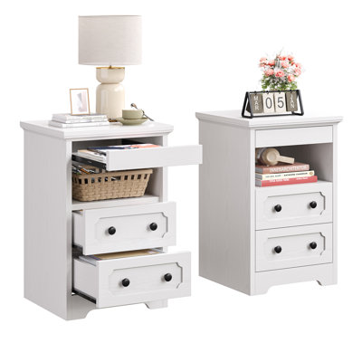 Wooden Nightstand Set Of 2, Bedside Table With 2 Drawers And Open Shelf, End Table With Pull-Out Tray, Side Tables For Living Room And Bedroom, Grey O by Lark Manor