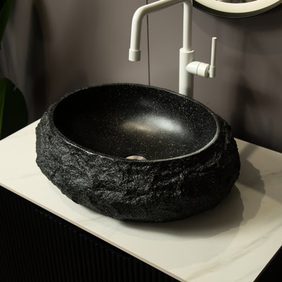 18'' Dark Gray Irregular Oval Resin Vessel Sink For Bathroom, Stone Pattern, Artistic Appearance, Simple Maintenance, 3 Colors, No Faucet, Faucet Spout 9' Gray, Design, Personalized Drain Stopper