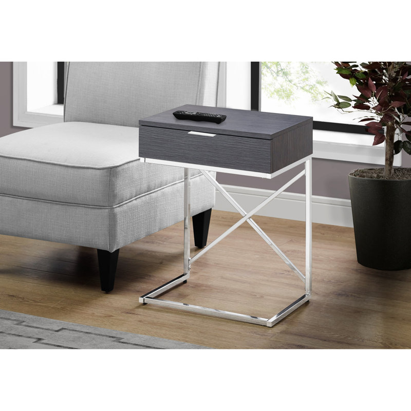 Table de chevet de chambre à coucher avec finition stratifiée grise et structure en métal - Vaste espace de rangement pour salon contemporain