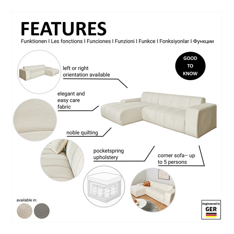 Charee Corner Sectional, Right Hand Facing, Grey Corduroy