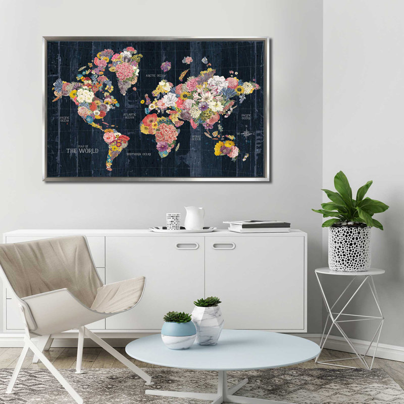 Botanical Floral Map Words - impression d'art graphique, H 27,5 po x l 43,5 po x P 2 po, Cadre flottant argent