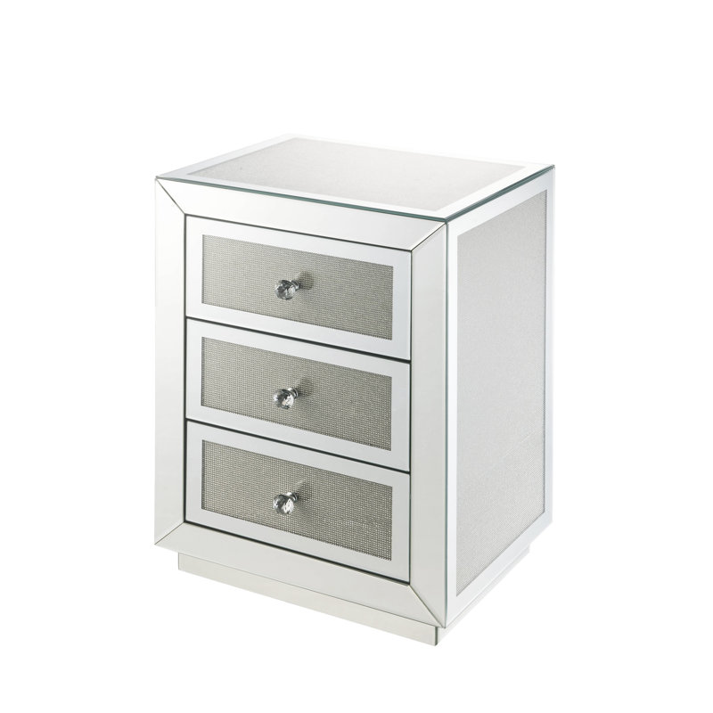 Dazzling Mirrored & Faux Diamonds Accent Table - 3 Drawer Container, Silver Glow, Metal Synthetic Wood Frame, Completely Assembled And Impressive Mesmerizing Compartment, Sparkle, Stable Wood, Fully