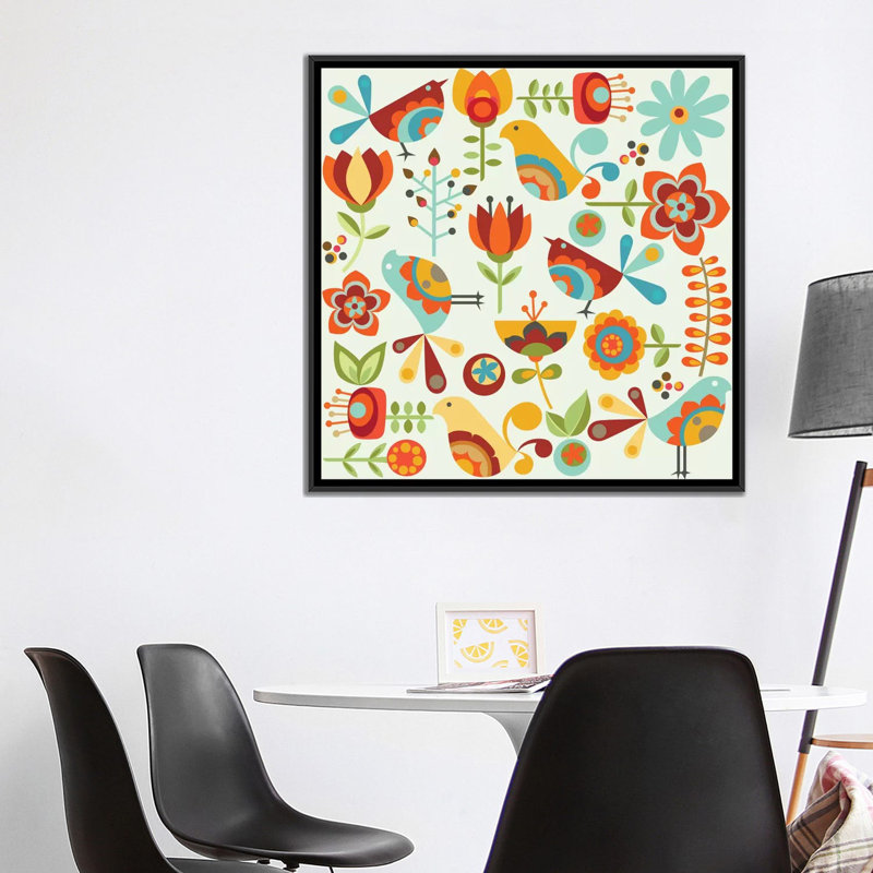 Folk Birds, impression sur toile tendue, H 37 po x l 37 po x P 1,5 po, Toile avec cadre noir