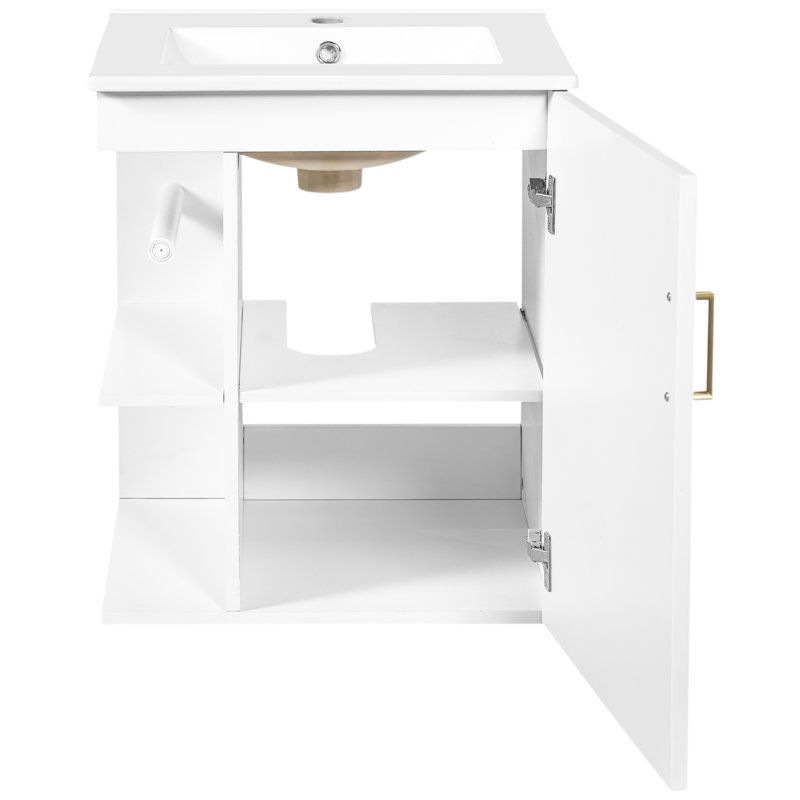Armoire de salle de bain murale 20 po, meuble-lavabo moderne blanc, lavabo, tablette latérale ouverte, porte-papier hygiénique, solution pour économiser de l'espace 30, rangement spacieux rectangulaire en céramique, conception flottante, fermé